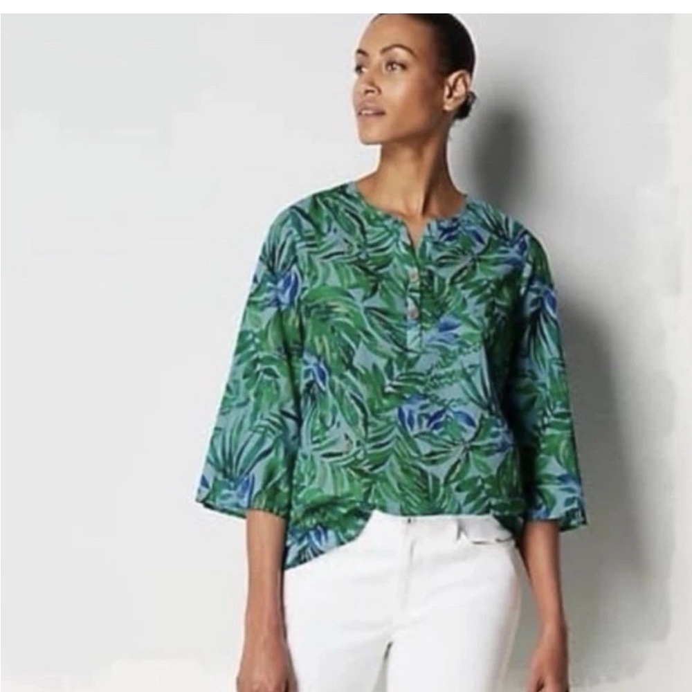 J. Jill 100% Cotton Tropical Palm A Line Popover Blouse. Lightweight. Vacation.